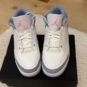 Jordan 3 Kids White Sneakers with Light Blue Lining & Pink Jumpman